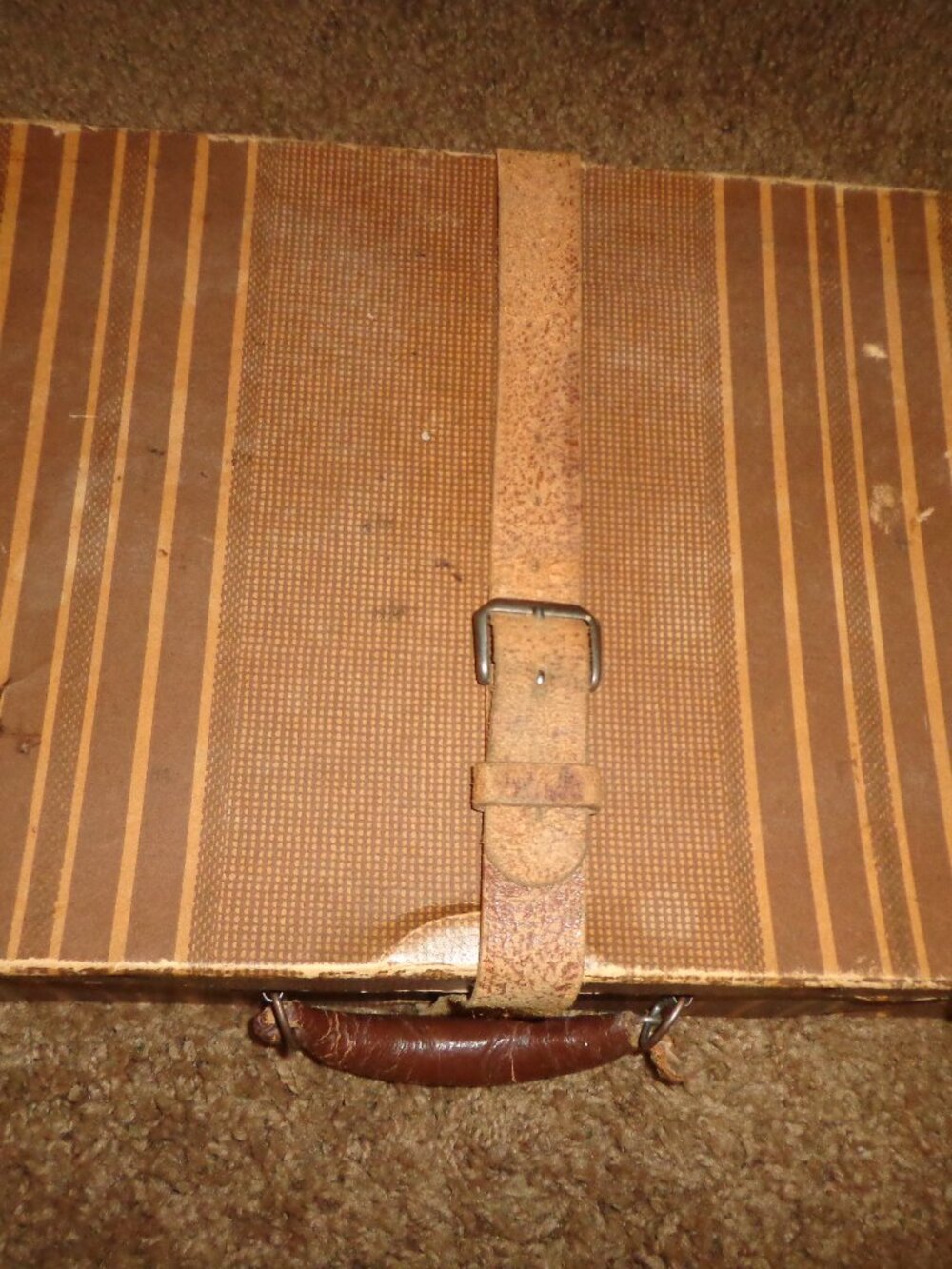 Vintage Suitcase Latches Leather Handle Leather Belt-Like Strap w/Buckle Stripes